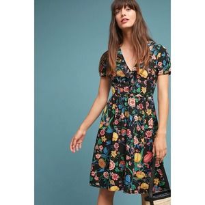 Anthropologie Dress Black Multi Color Floral Short Sleeve Button Front Womens 0